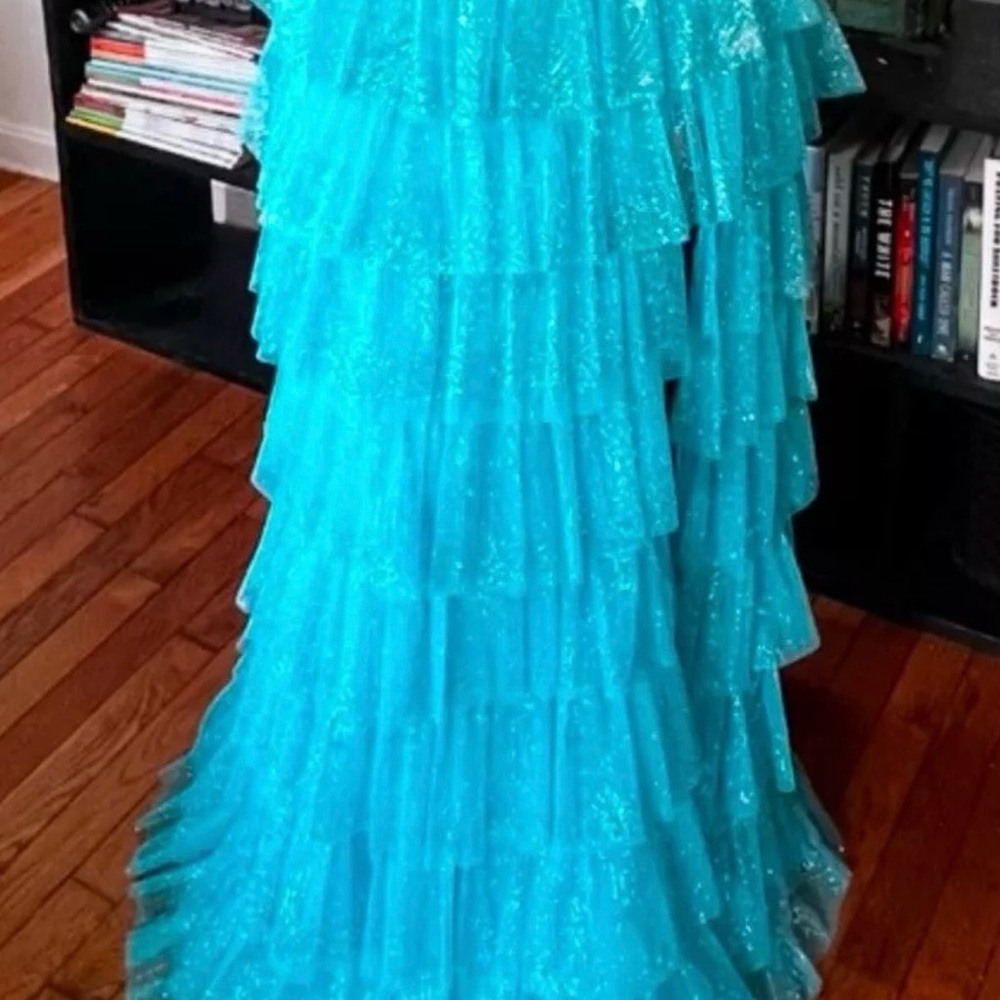 Jovani Turquoise Teal Blue Glitter Dress 38167 Corset Tulle Ruffles Slit Sz 0
